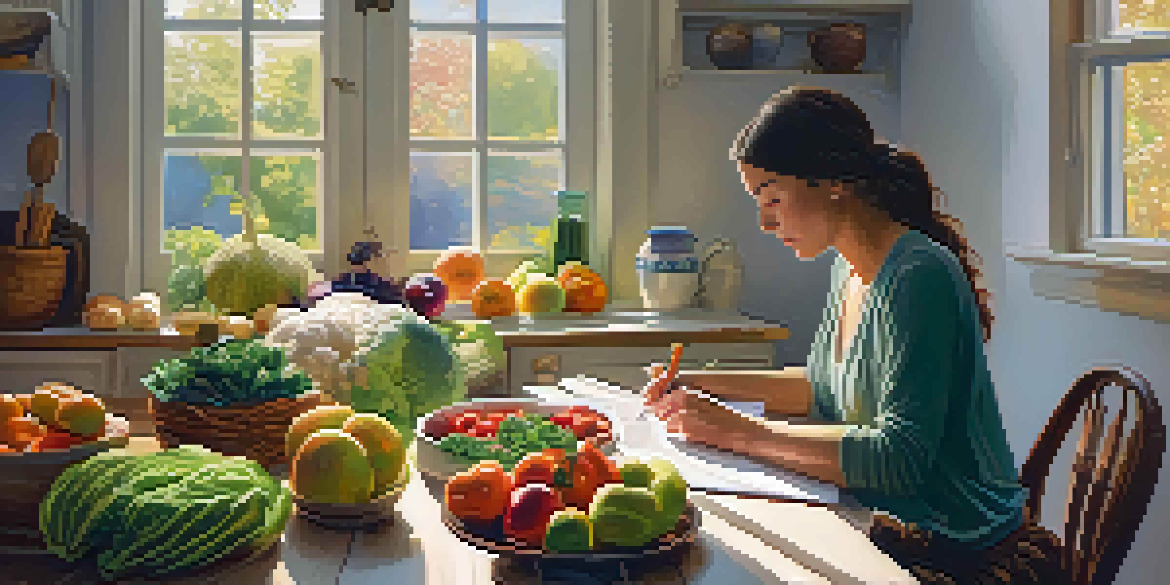 A woman in a cozy kitchen writing in a journal, surrounded by fresh fruits and vegetables with soft morning light.