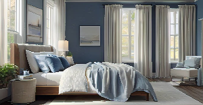 A tranquil bedroom with soft lighting, a comfortable bed, blackout curtains, and a white noise machine, promoting a peaceful sleep environment.