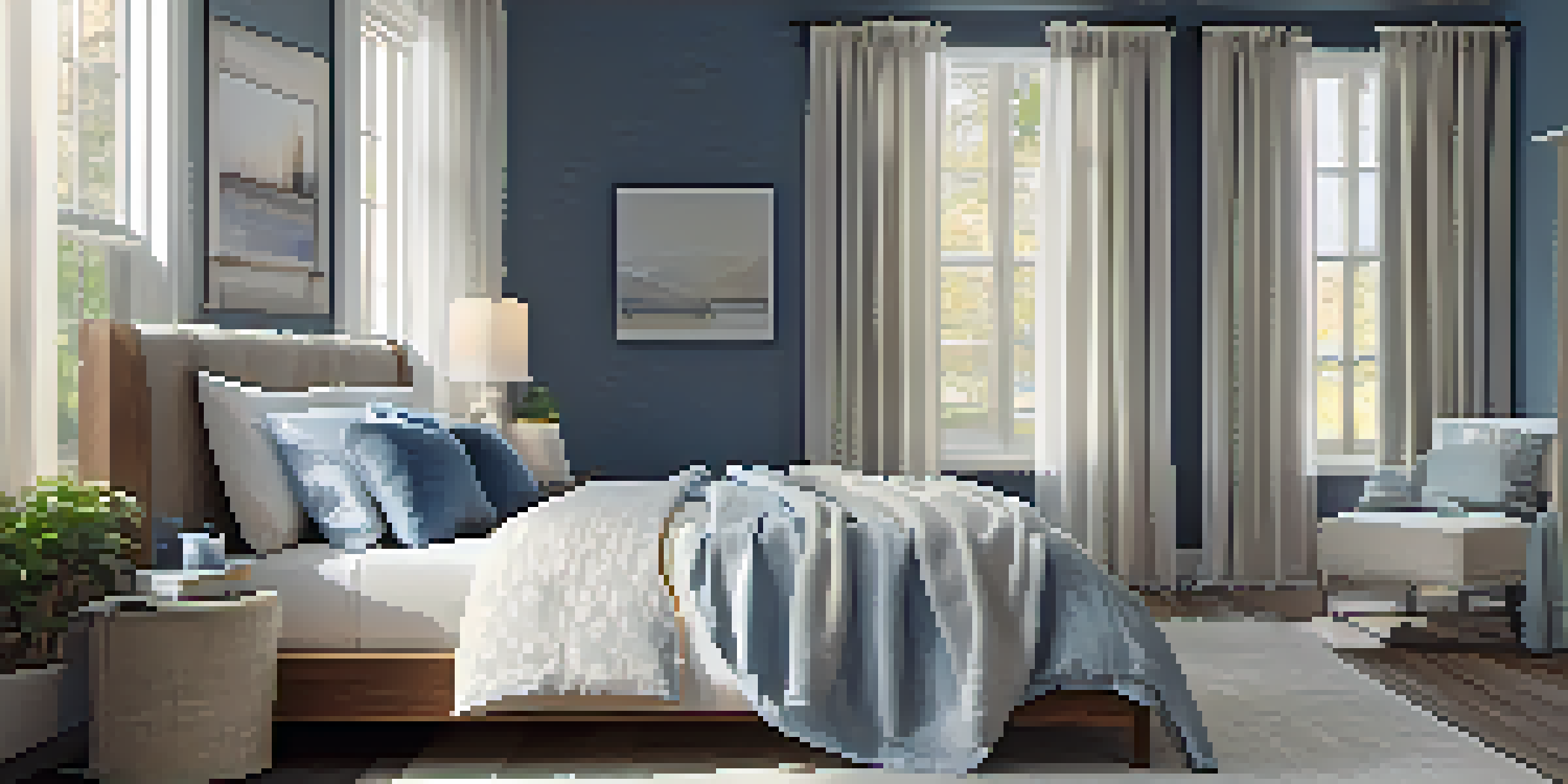 A tranquil bedroom with soft lighting, a comfortable bed, blackout curtains, and a white noise machine, promoting a peaceful sleep environment.