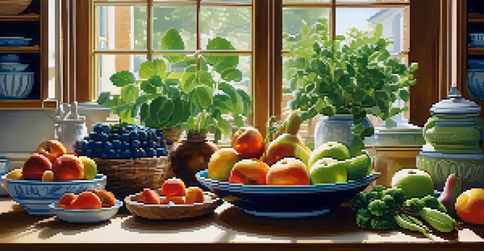 A kitchen table filled with colorful fruits, vegetables, lean proteins, and nuts, illuminated by soft morning light.