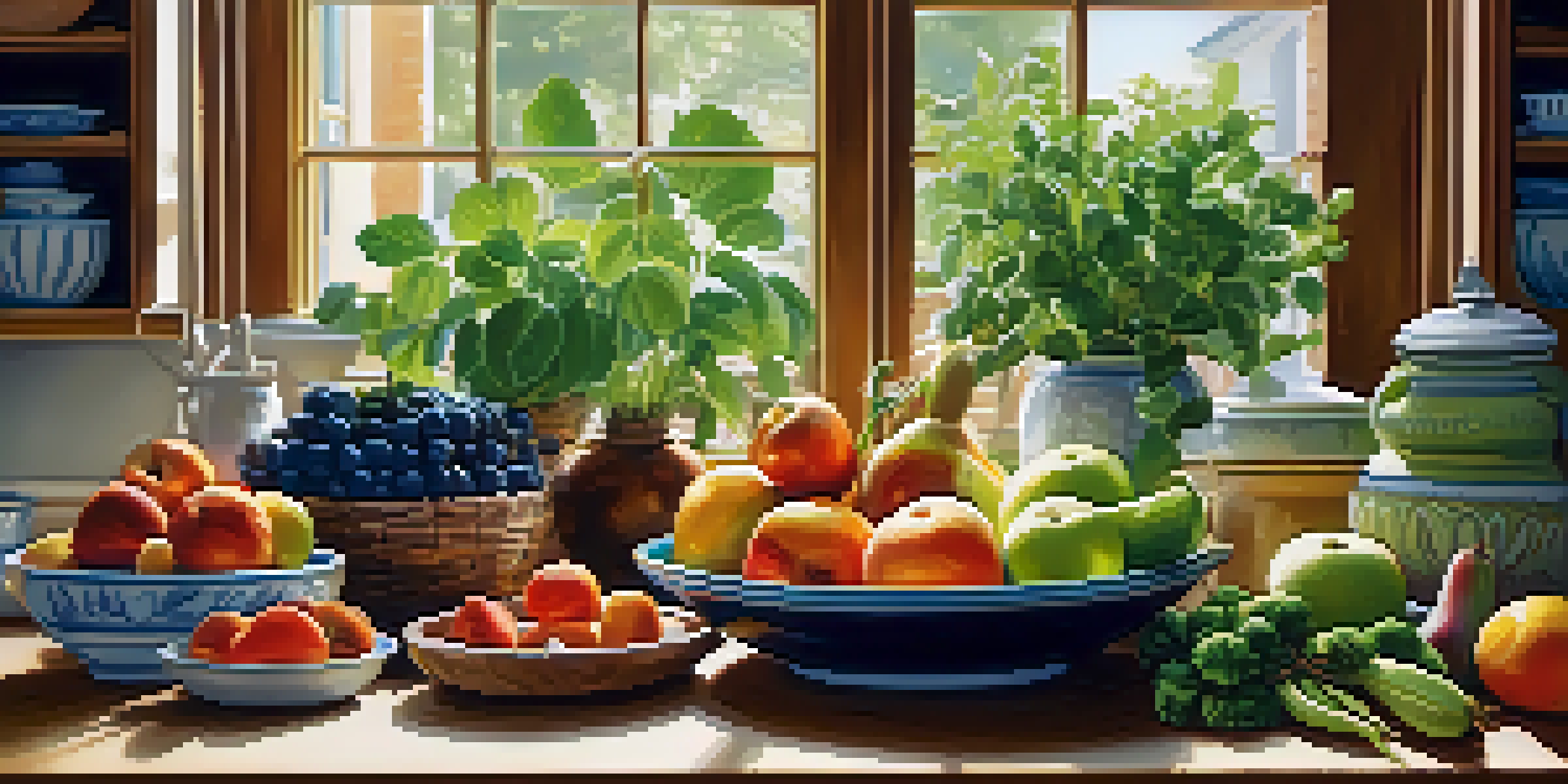 A kitchen table filled with colorful fruits, vegetables, lean proteins, and nuts, illuminated by soft morning light.