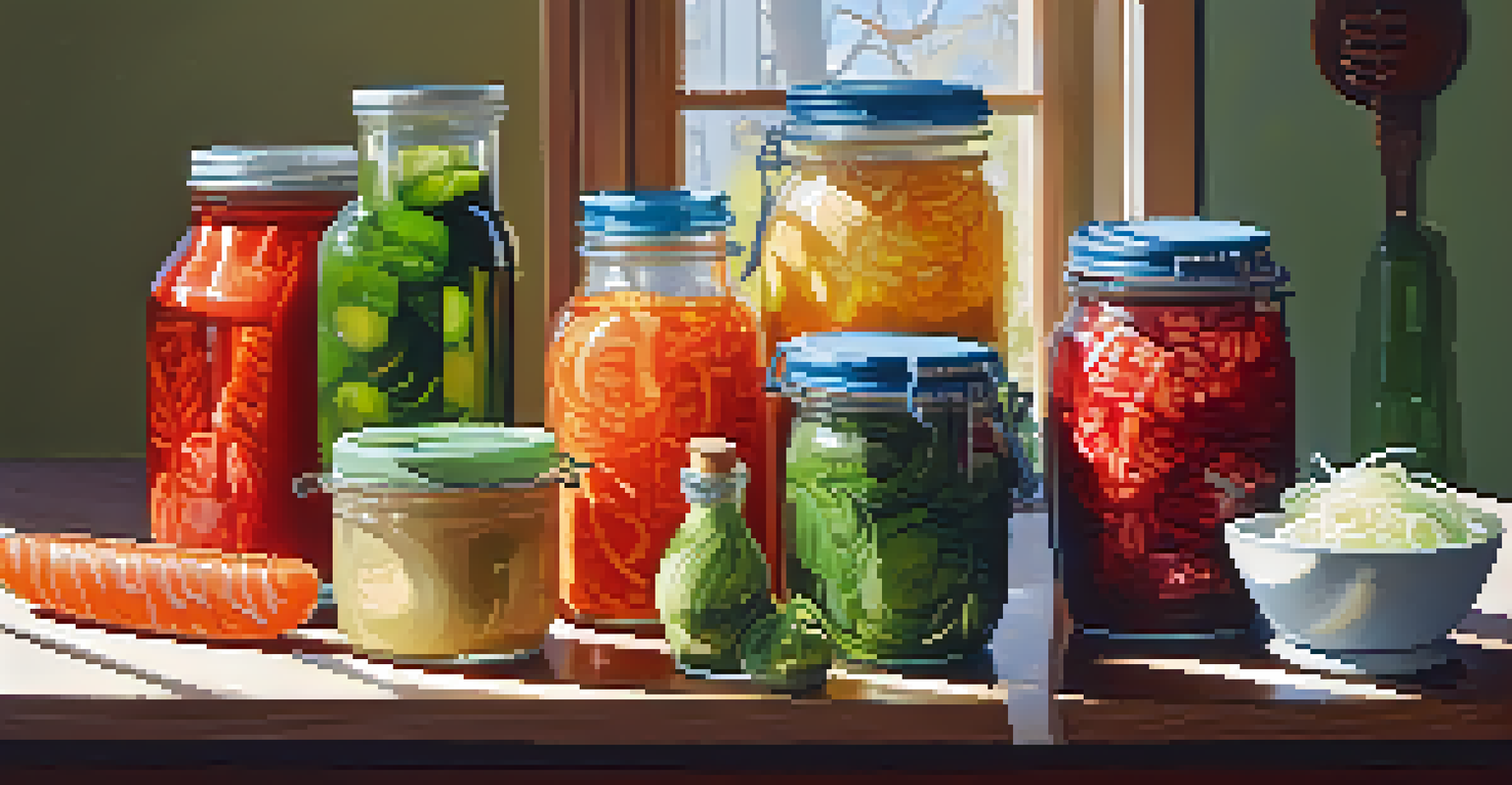 An assortment of colorful fermented foods like kimchi and sauerkraut displayed on a kitchen table.