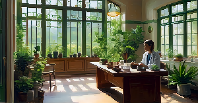 A peaceful naturopathy clinic with wooden furniture, green plants, and natural light, displaying herbal remedies and a practitioner talking to a patient.