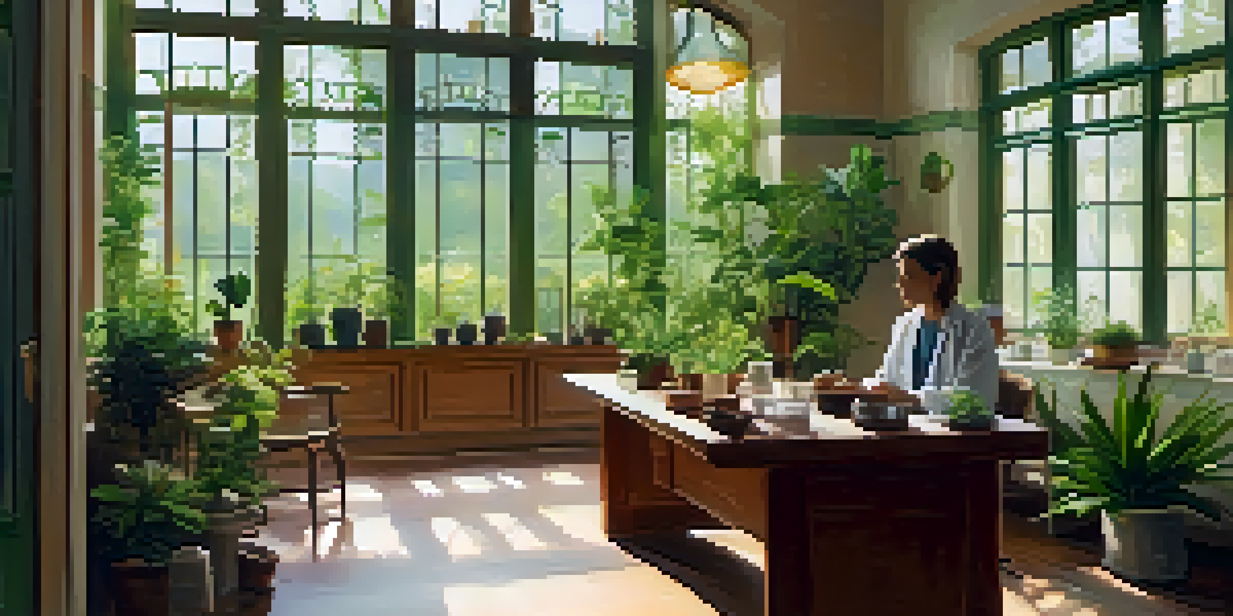 A peaceful naturopathy clinic with wooden furniture, green plants, and natural light, displaying herbal remedies and a practitioner talking to a patient.