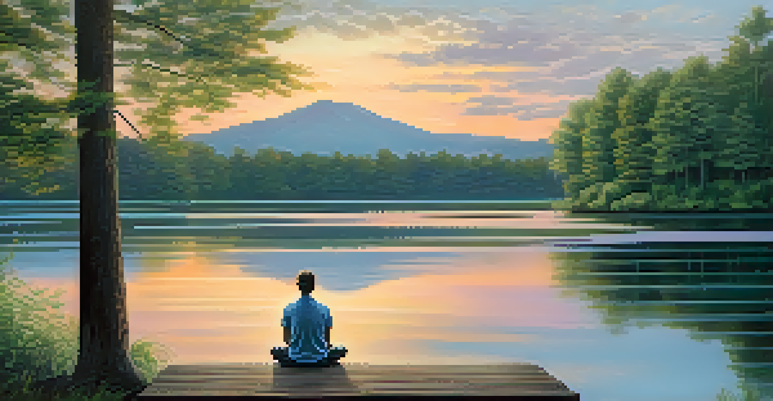 A person meditating on a dock by a calm lake at sunset, surrounded by trees and soft colors.