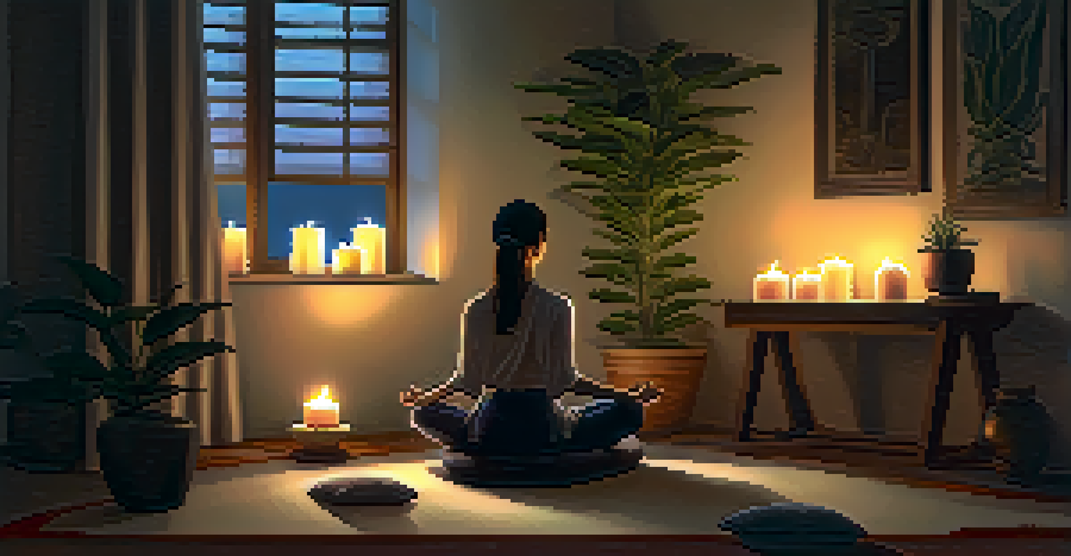 A person meditating in a dimly lit room with candles, creating a peaceful environment for relaxation and sleep.