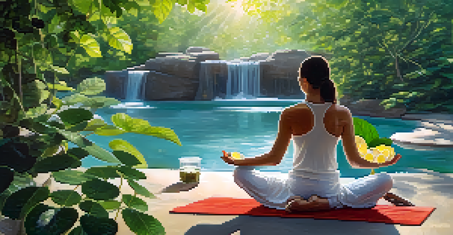 A person practicing yoga outdoors with a glass of infused water nearby, surrounded by greenery.