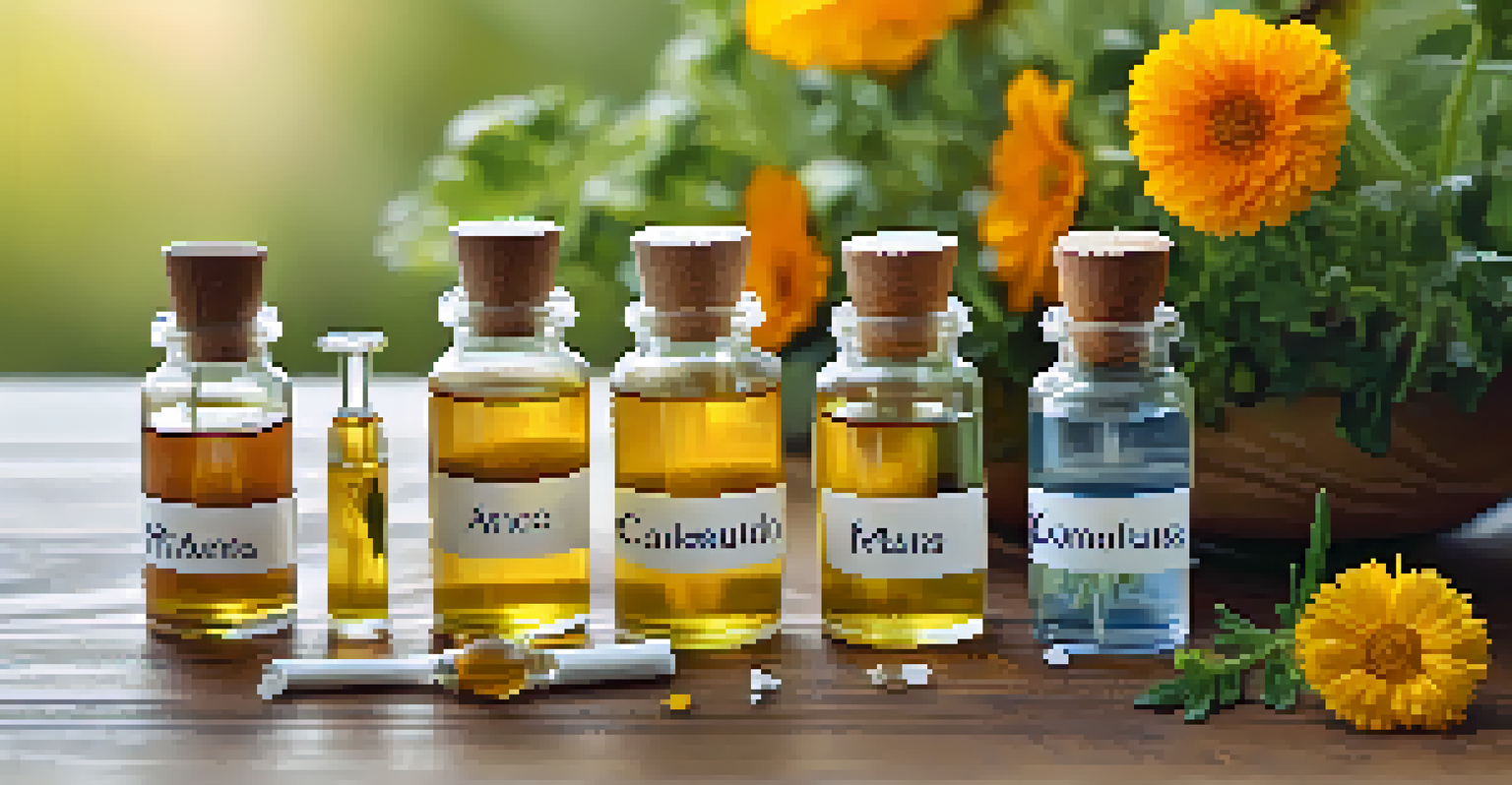 A collection of homeopathic remedy vials on a wooden table, surrounded by herbs and flowers in a serene setting.
