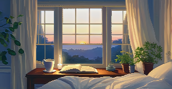A cozy bedroom with a bed, a cup of chamomile tea, a book, and a candle, all bathed in the soft light of dusk.