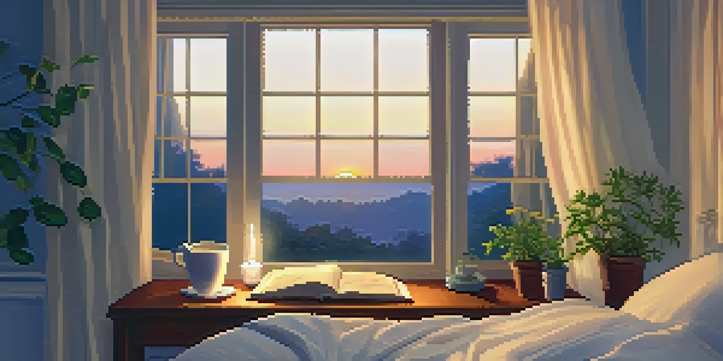 A cozy bedroom with a bed, a cup of chamomile tea, a book, and a candle, all bathed in the soft light of dusk.