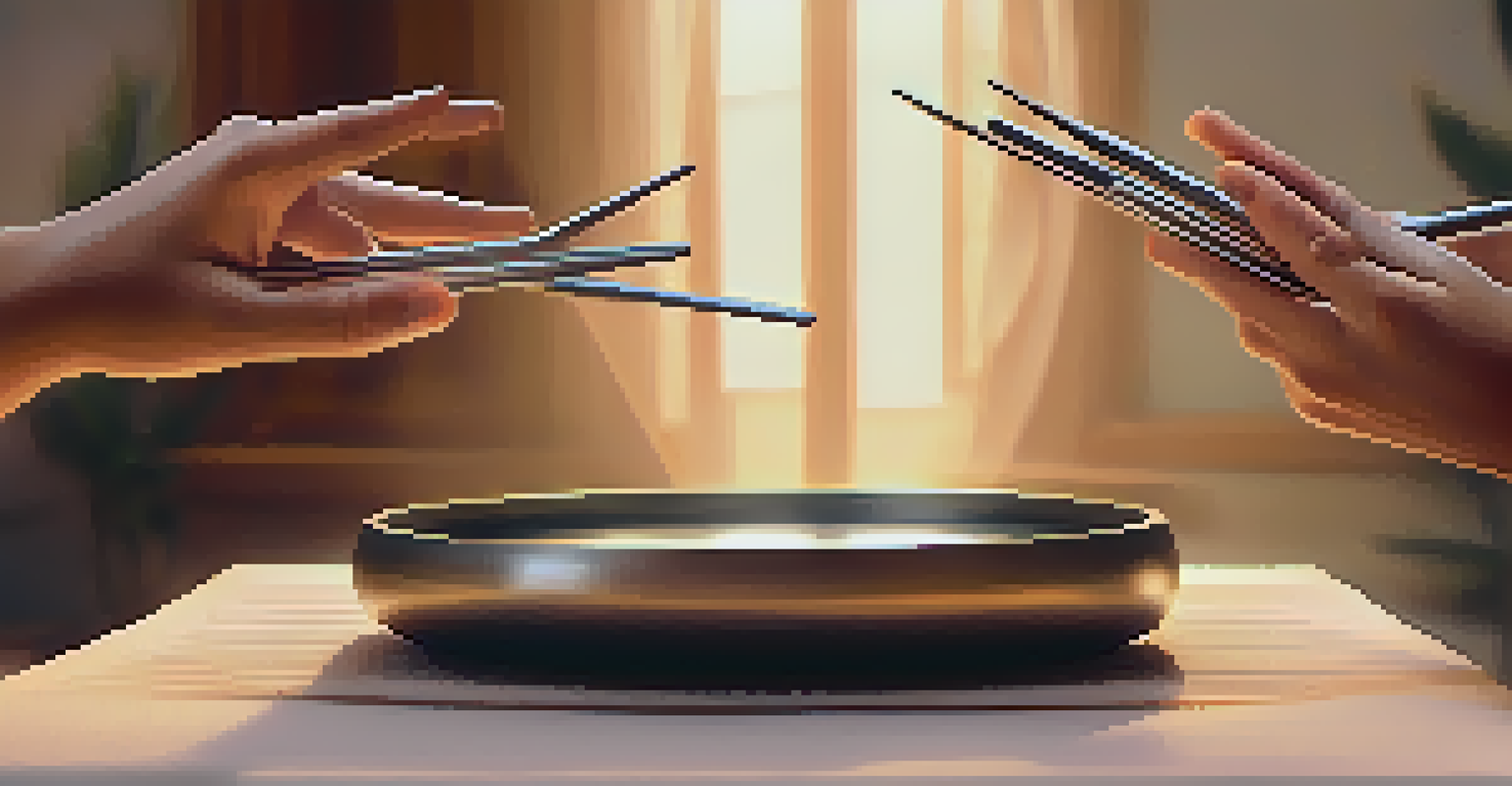 Close-up of hands with tuning forks during sound therapy, set in a peaceful indoor environment.