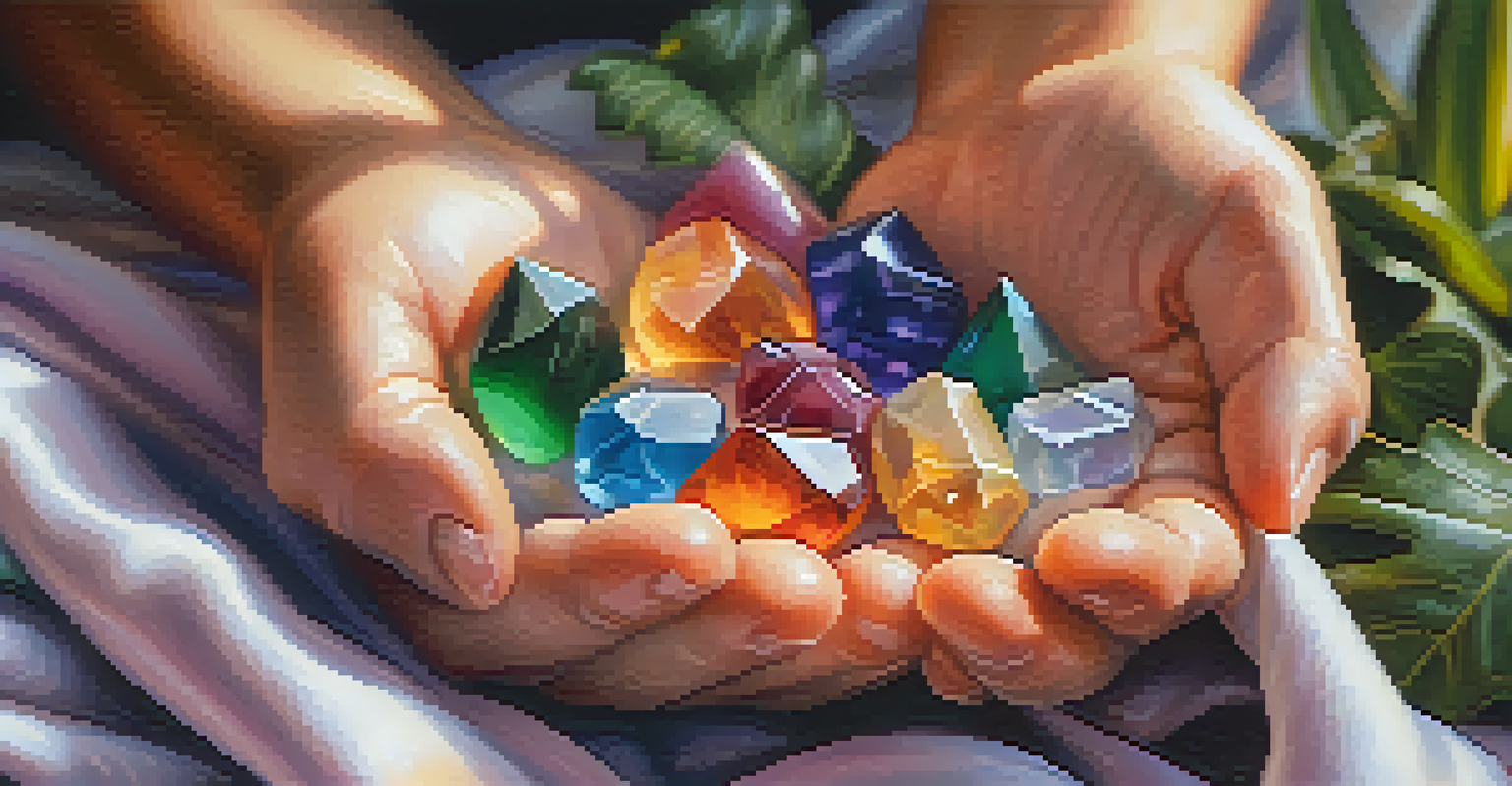 A close-up of hands holding colorful healing crystals on a soft cloth, with natural elements in the background.