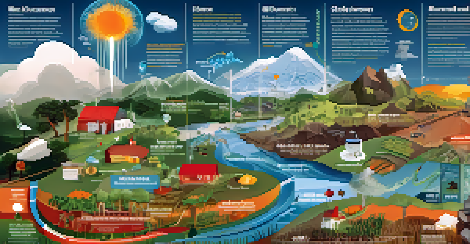 An infographic showing the connections between climate change and health, with icons for weather events, food security, and mental health on a changing landscape background.