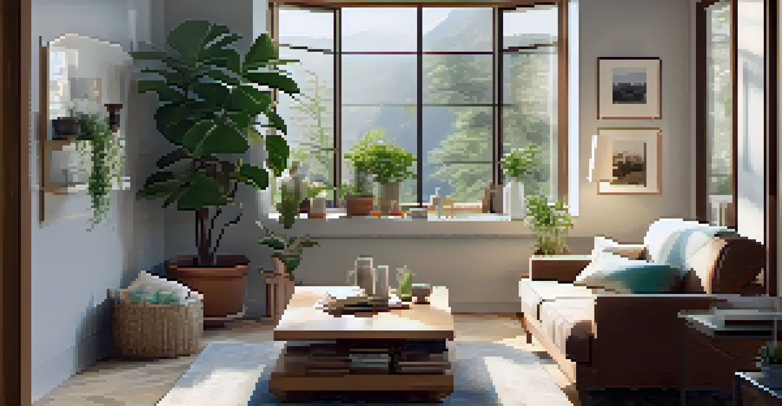A person reading a book in a cozy living room filled with plants and natural light, emphasizing a clean and calming environment.