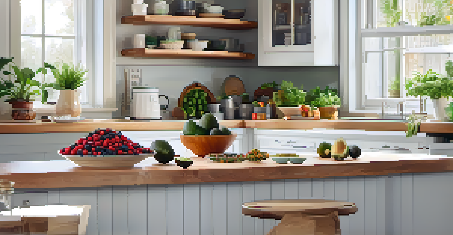 A kitchen countertop with avocados, lentils, yogurt, and berries in a bright setting.