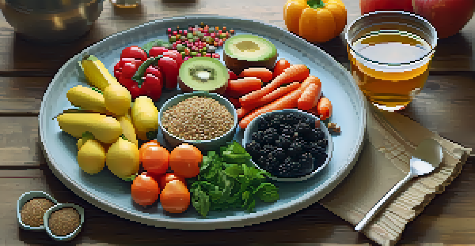 A plate of colorful whole foods including vegetables, grains, and fruits, with herbal tea in a warm kitchen.