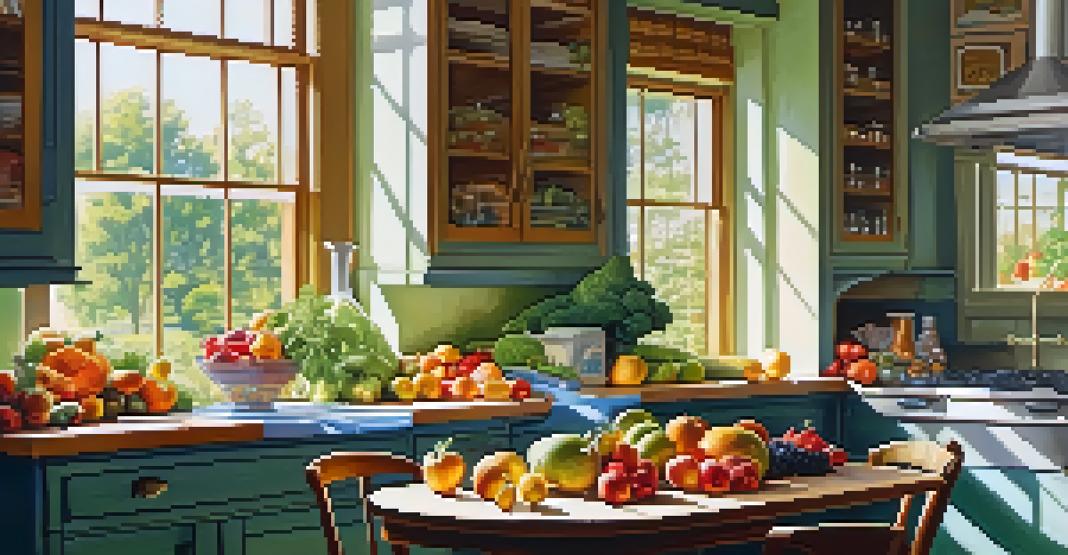 A kitchen table filled with bright seasonal fruits and vegetables, illuminated by sunlight.