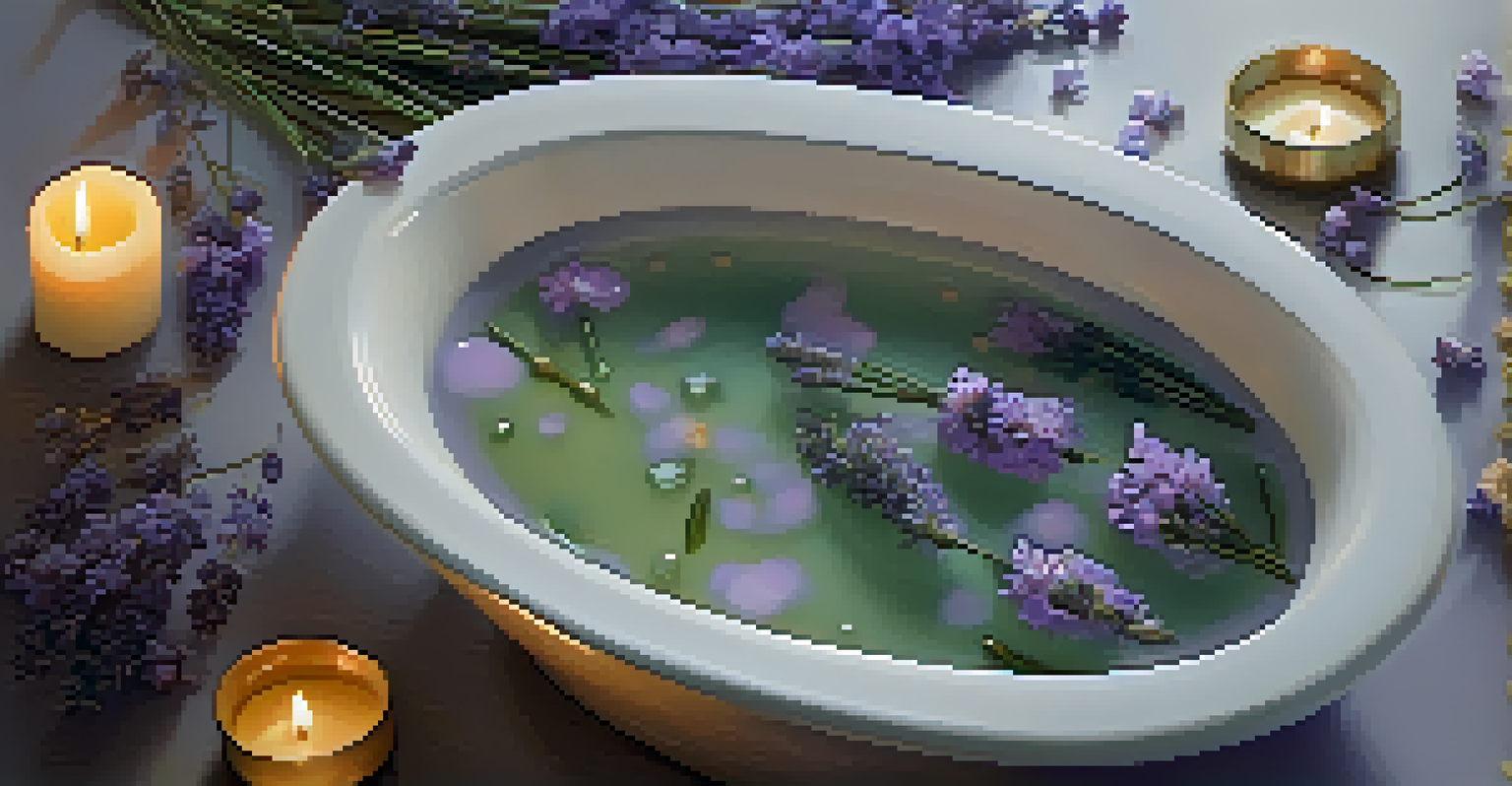 A peaceful bathtub filled with water, floating lavender flowers, and essential oils, illuminated by soft candlelight.