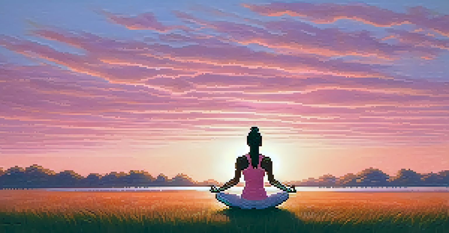 A person practicing yoga on a grassy field at sunrise with vibrant colors in the sky.
