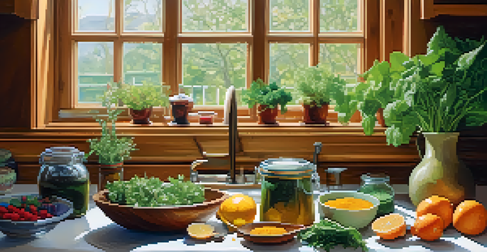 A bright kitchen with fresh ingredients including greens, berries, and jars of herbs, illuminated by soft natural light.