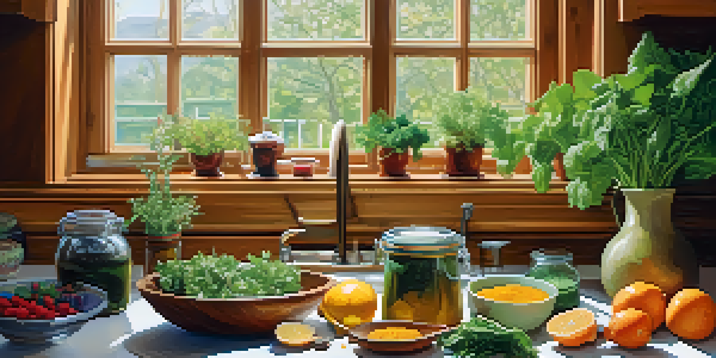 A bright kitchen with fresh ingredients including greens, berries, and jars of herbs, illuminated by soft natural light.