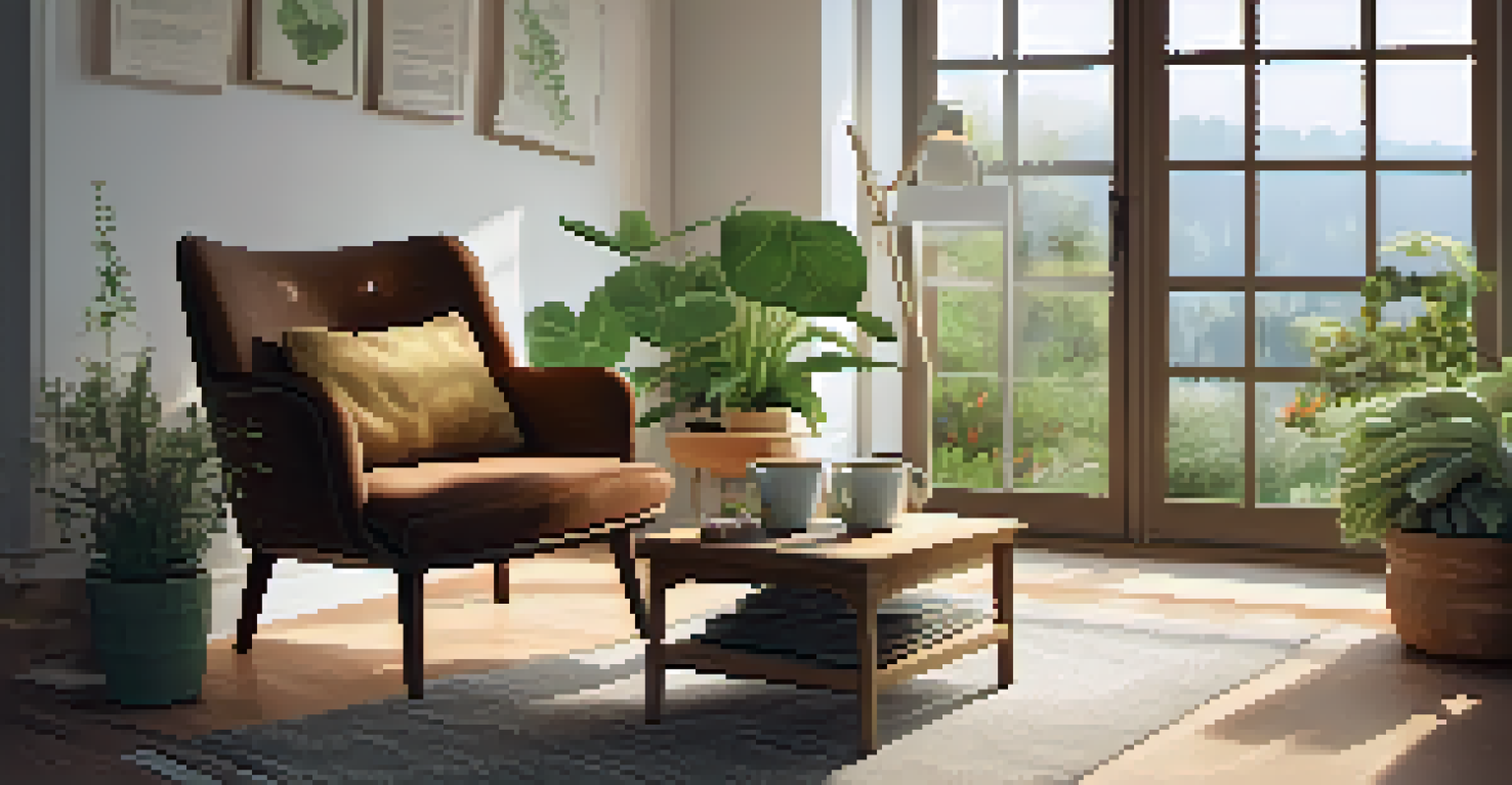 A cozy living room corner with an armchair, a cup of herbal tea, and houseplants.