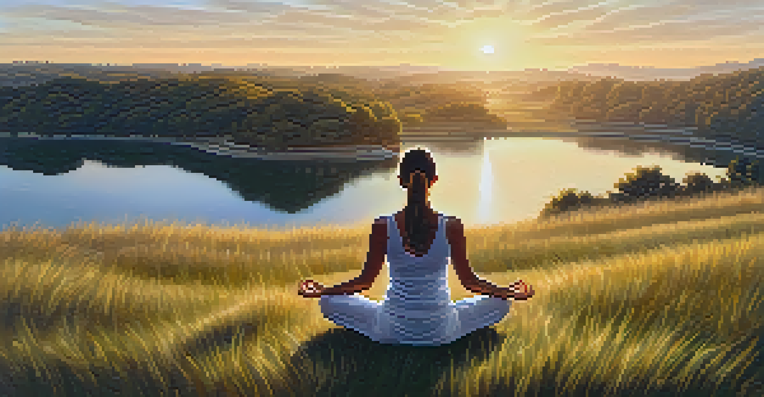 A person practicing yoga on a grassy hill at sunset, surrounded by nature, representing tranquility and mindfulness.
