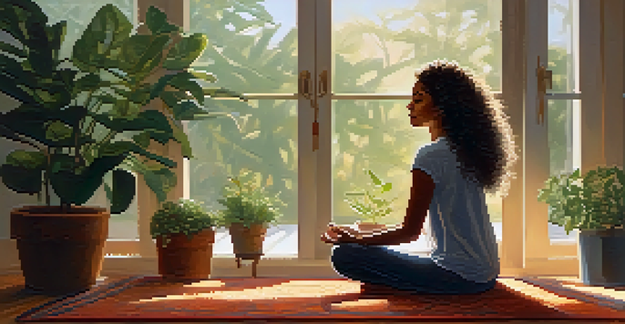 A young woman meditating in a sunlit room surrounded by plants and candles, creating a peaceful atmosphere.