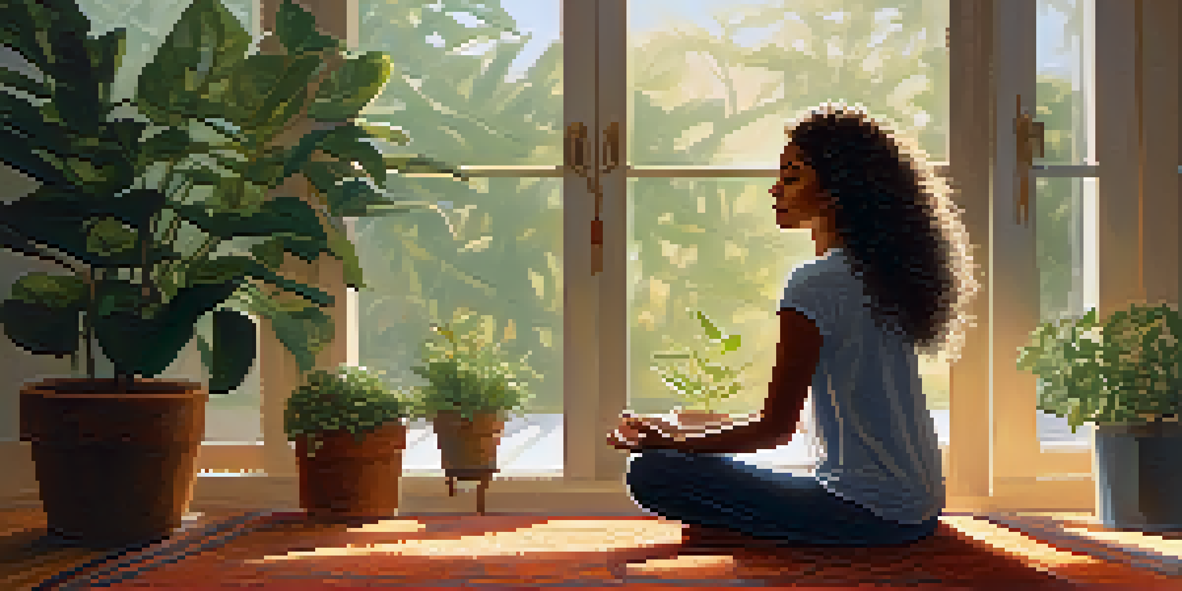 A young woman meditating in a sunlit room surrounded by plants and candles, creating a peaceful atmosphere.