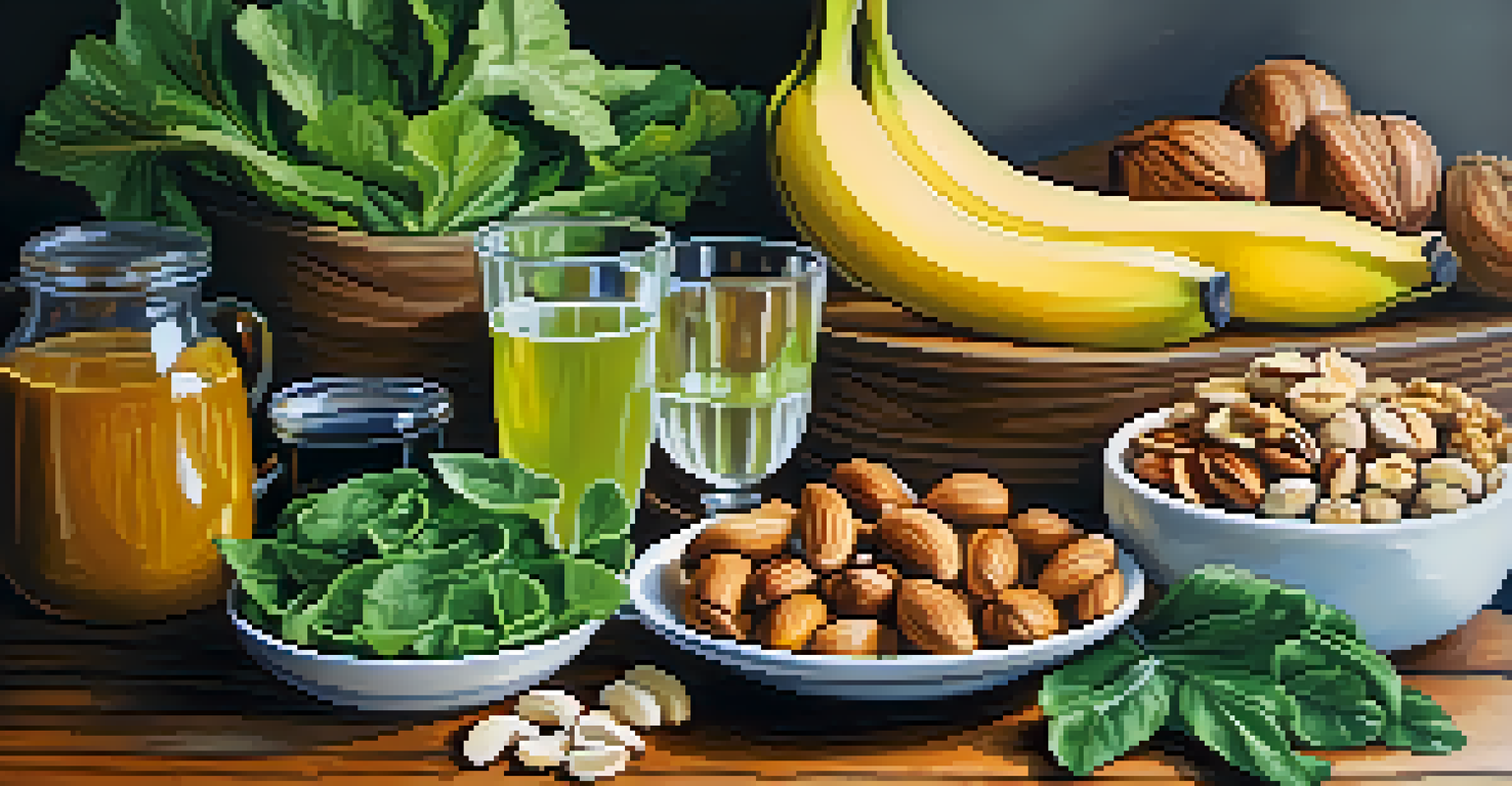 A colorful display of healthy foods, including greens, bananas, and nuts, on a wooden table with natural light.