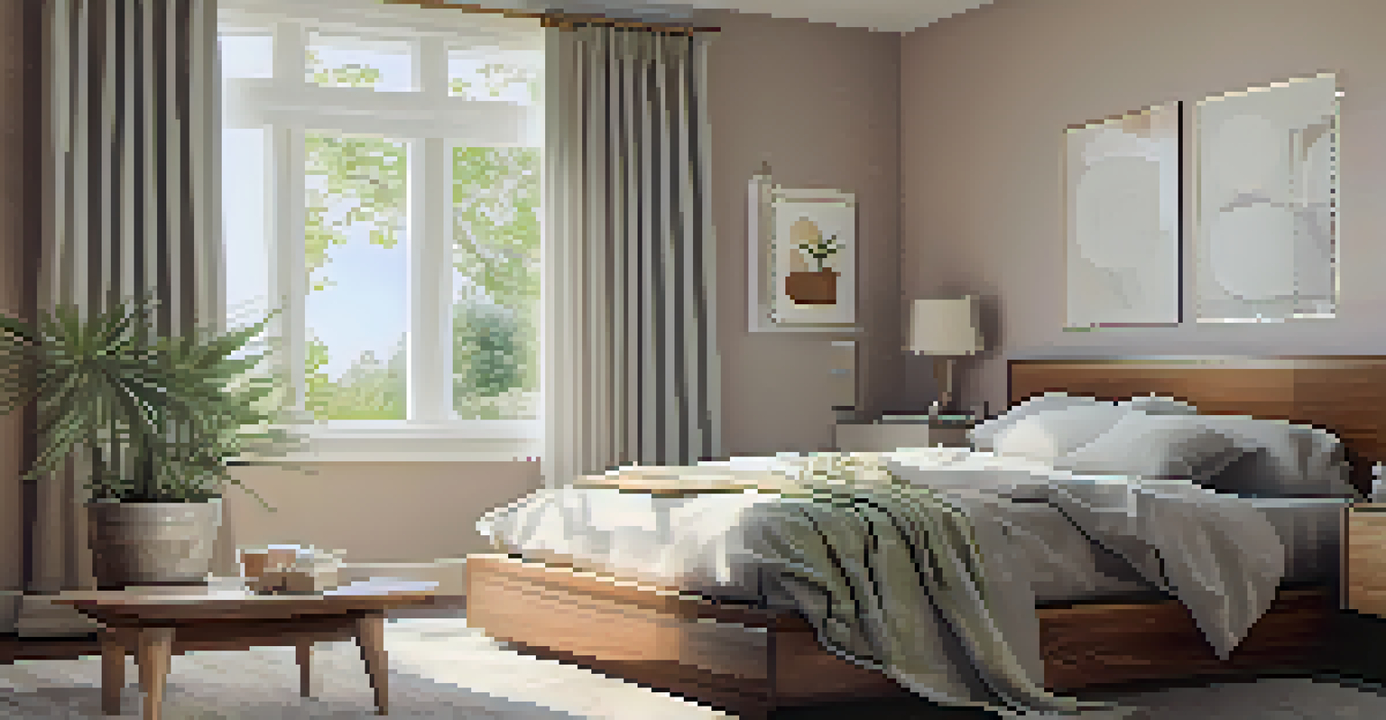 A cozy bedroom with a neatly made bed, bedside table with a glass of water, and gentle morning light coming through drawn curtains.