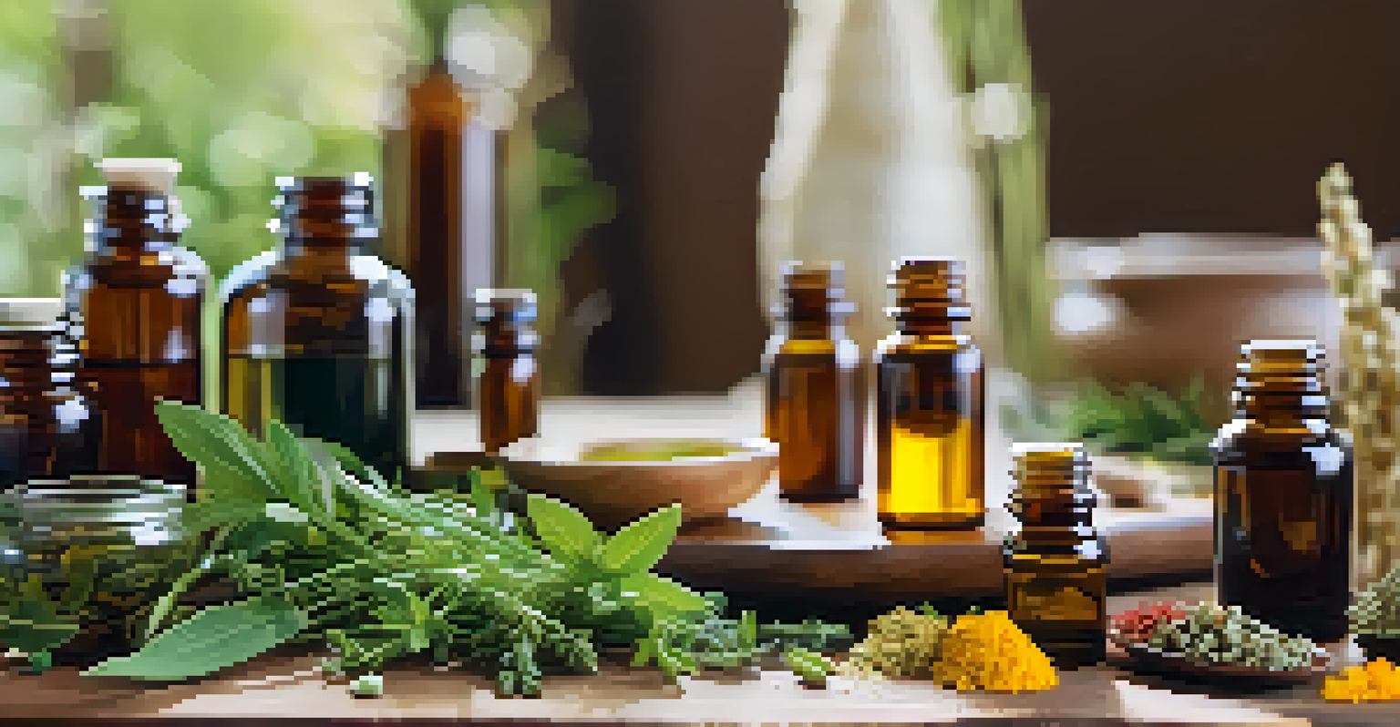 A close-up of herbal remedies and essential oils on a table, with a practitioner and patient softly blurred in the background.