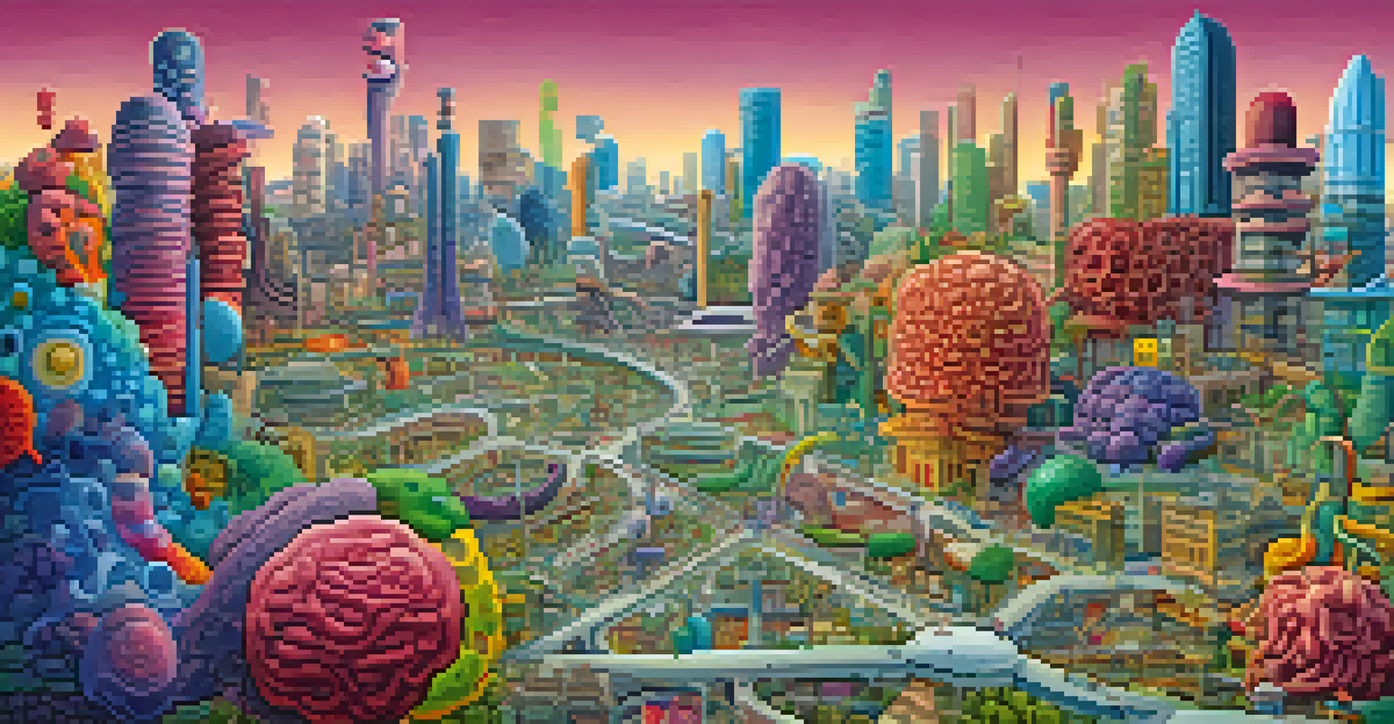 A colorful cityscape representing a diverse gut microbiome, with buildings symbolizing different microorganisms and vibrant pathways.