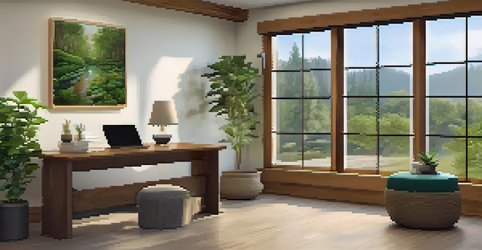 A bright and calming naturopathic consultation room with herbal remedies on a wooden desk, a soft armchair, and nature-themed artwork on the walls.