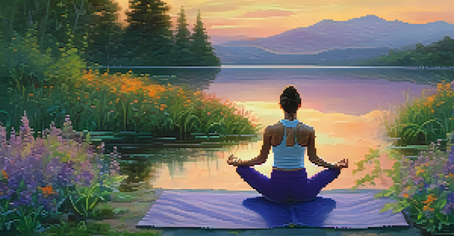 An individual practicing yoga by a calm lake at sunset, surrounded by greenery and wildflowers.