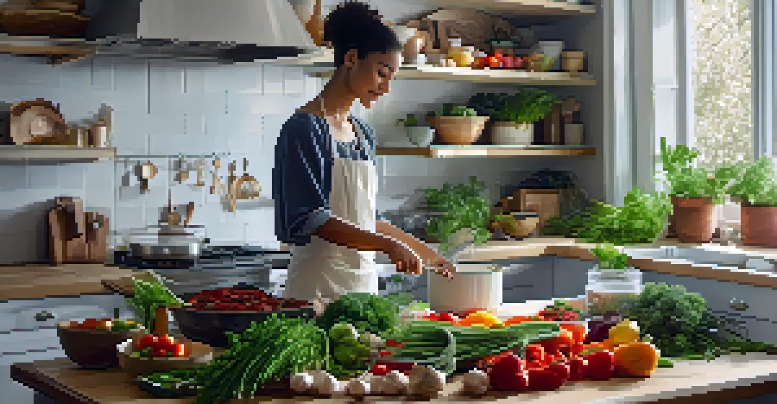 A person preparing a meal in a cozy kitchen, surrounded by fresh vegetables and herbs, with soft lighting creating a peaceful ambiance.