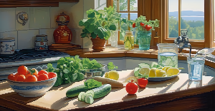 A wooden table in a kitchen featuring hydrating foods like cucumbers, tomatoes, and berries, with a glass of infused water, illuminated by soft natural light.
