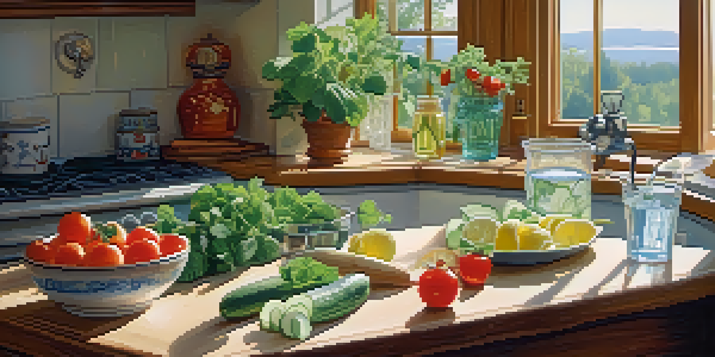 A wooden table in a kitchen featuring hydrating foods like cucumbers, tomatoes, and berries, with a glass of infused water, illuminated by soft natural light.