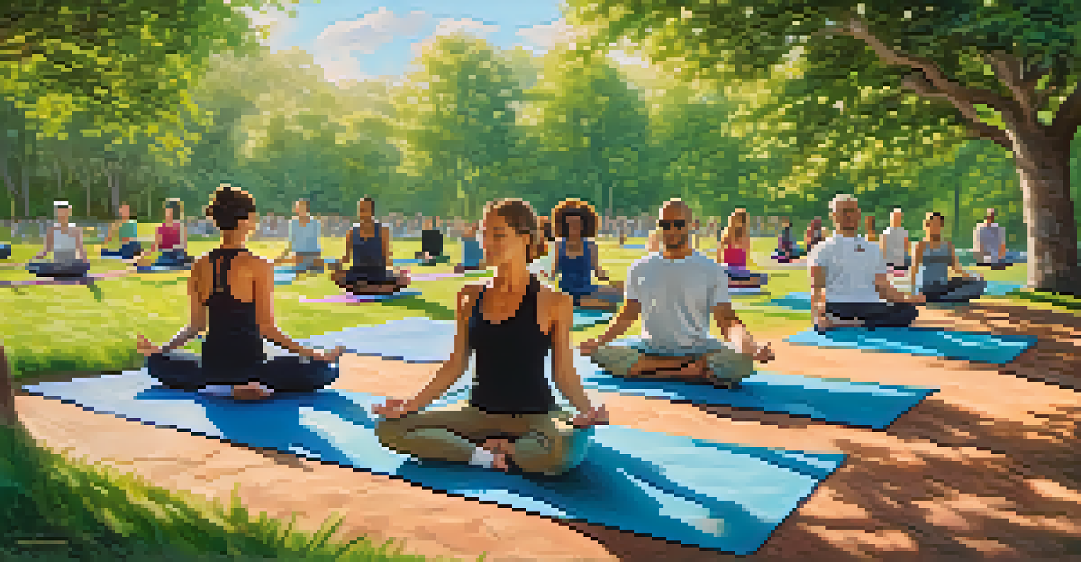 A diverse group of people practicing yoga in a park, surrounded by greenery, with essential oils on a bench nearby.