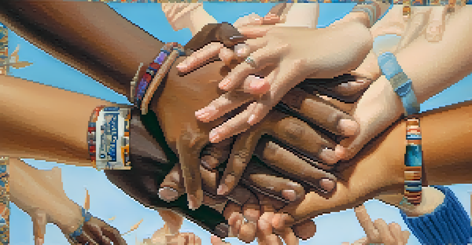 A close-up of diverse hands placed together, symbolizing support and community among individuals.