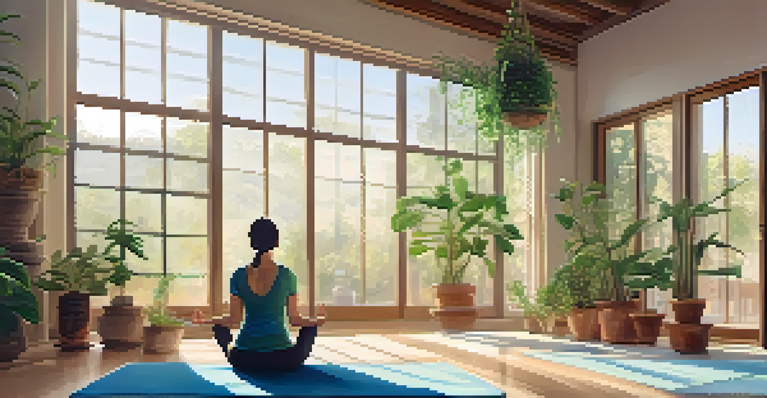 A woman practicing yoga in a bright studio filled with plants and soft colors.