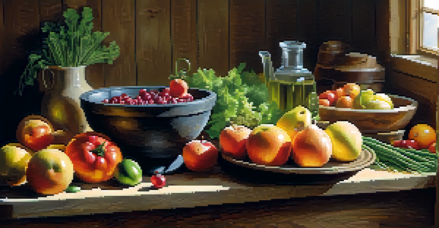 A kitchen filled with colorful fruits and vegetables on a rustic countertop, with sunlight highlighting the freshness.