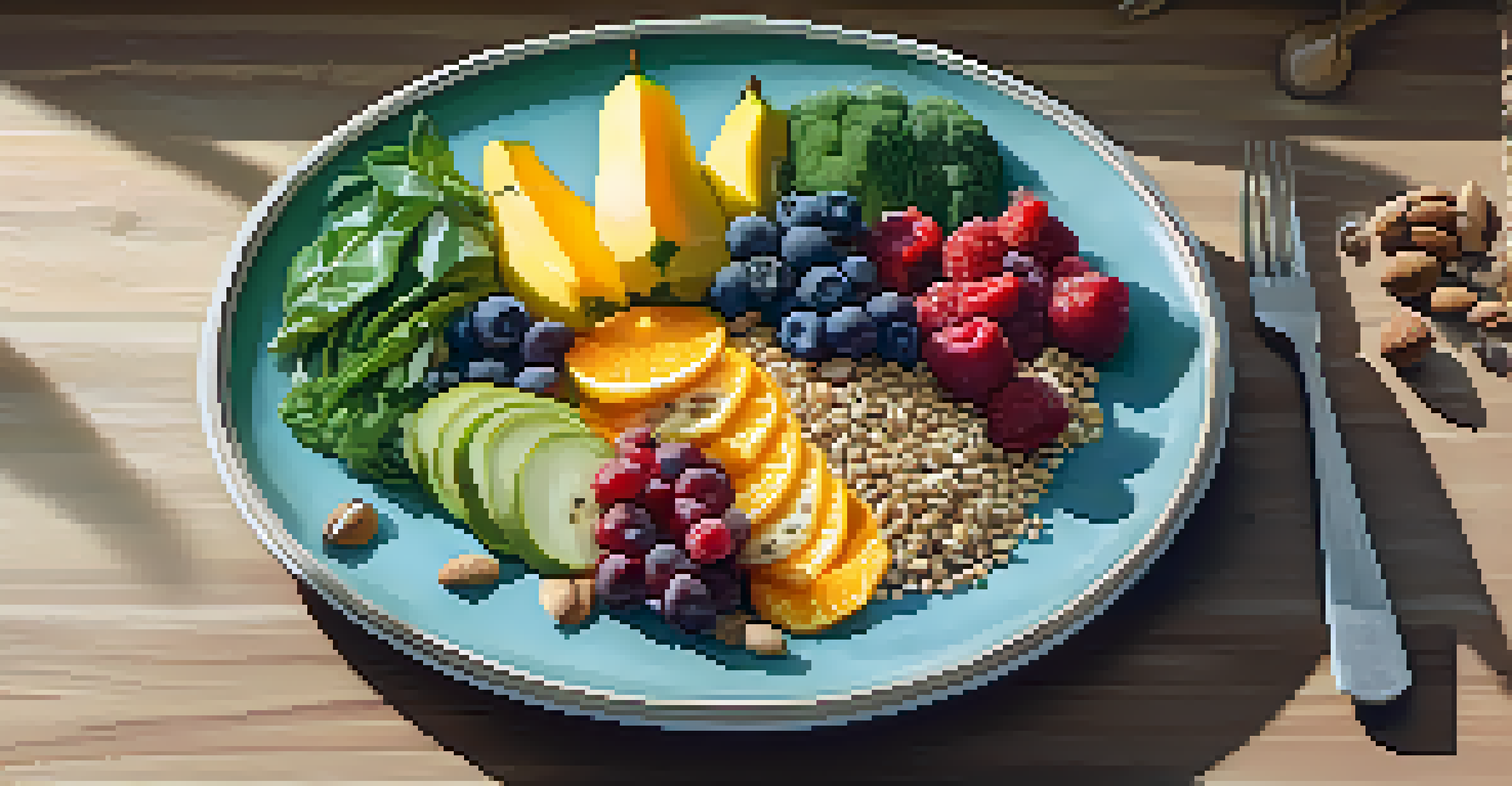 A colorful and artistic plate of whole foods, including fruits, vegetables, grains, and nuts, emphasizing healthy nutrition.