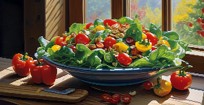 A colorful salad with leafy greens, bell peppers, and cherry tomatoes on a wooden table, illuminated by natural sunlight.