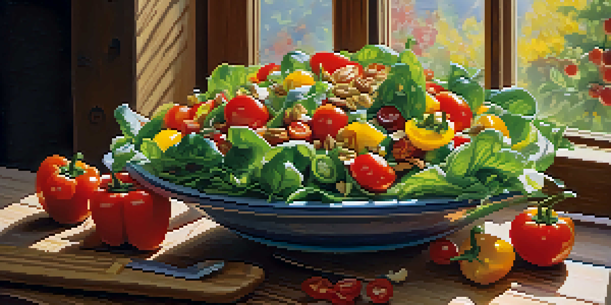A colorful salad with leafy greens, bell peppers, and cherry tomatoes on a wooden table, illuminated by natural sunlight.