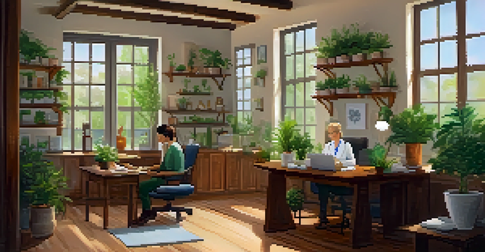 A naturopath and client sitting in a cozy office discussing health plans, surrounded by plants and herbal remedies.