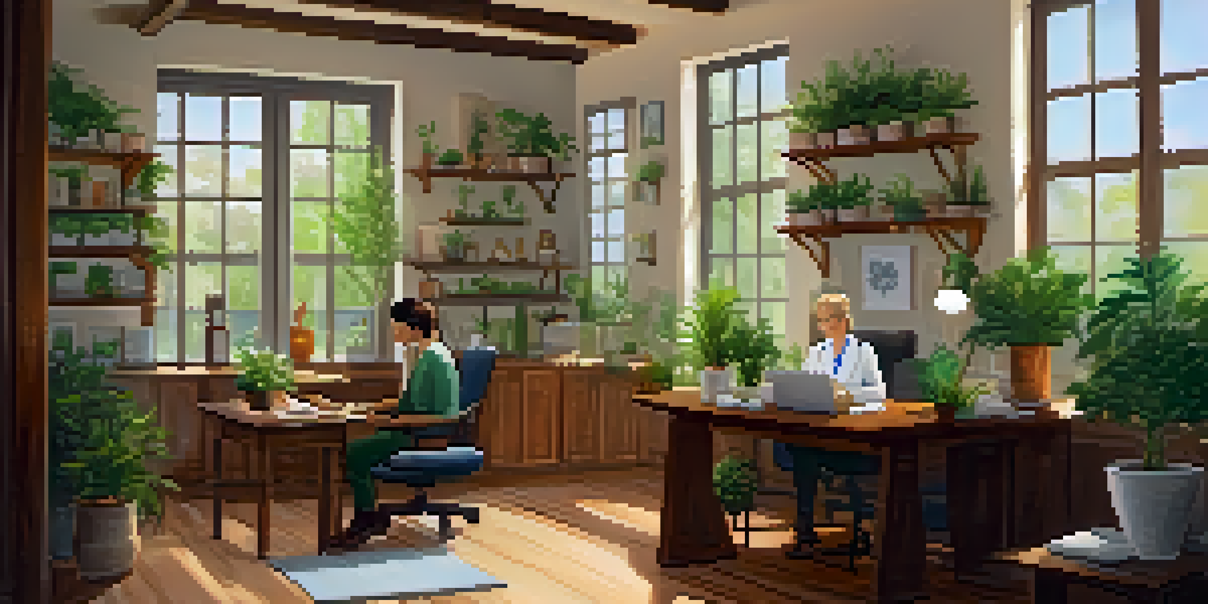 A naturopath and client sitting in a cozy office discussing health plans, surrounded by plants and herbal remedies.