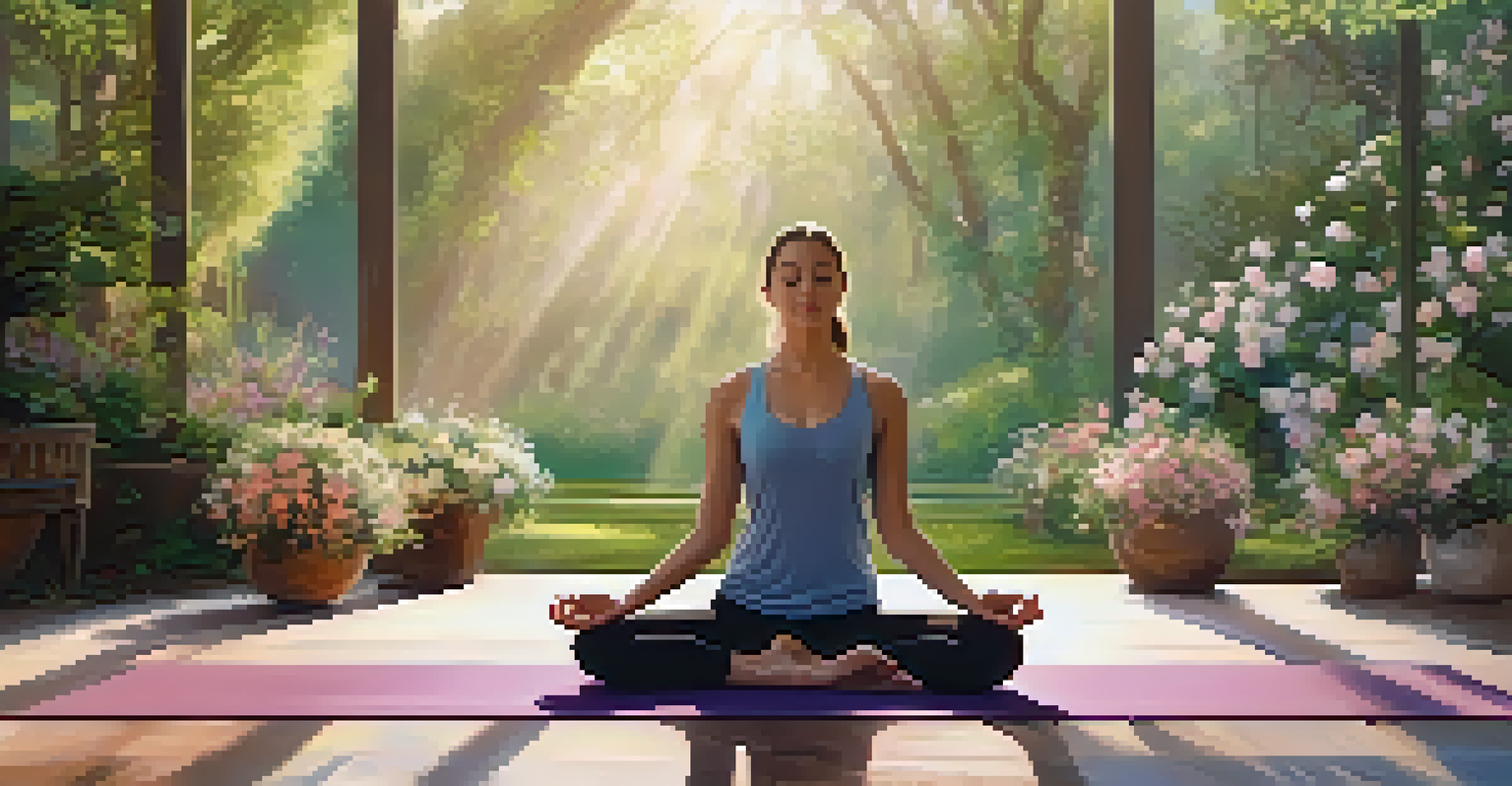 A person practicing yoga in a sunlit garden filled with blooming flowers, emphasizing the connection between nature and mindfulness.
