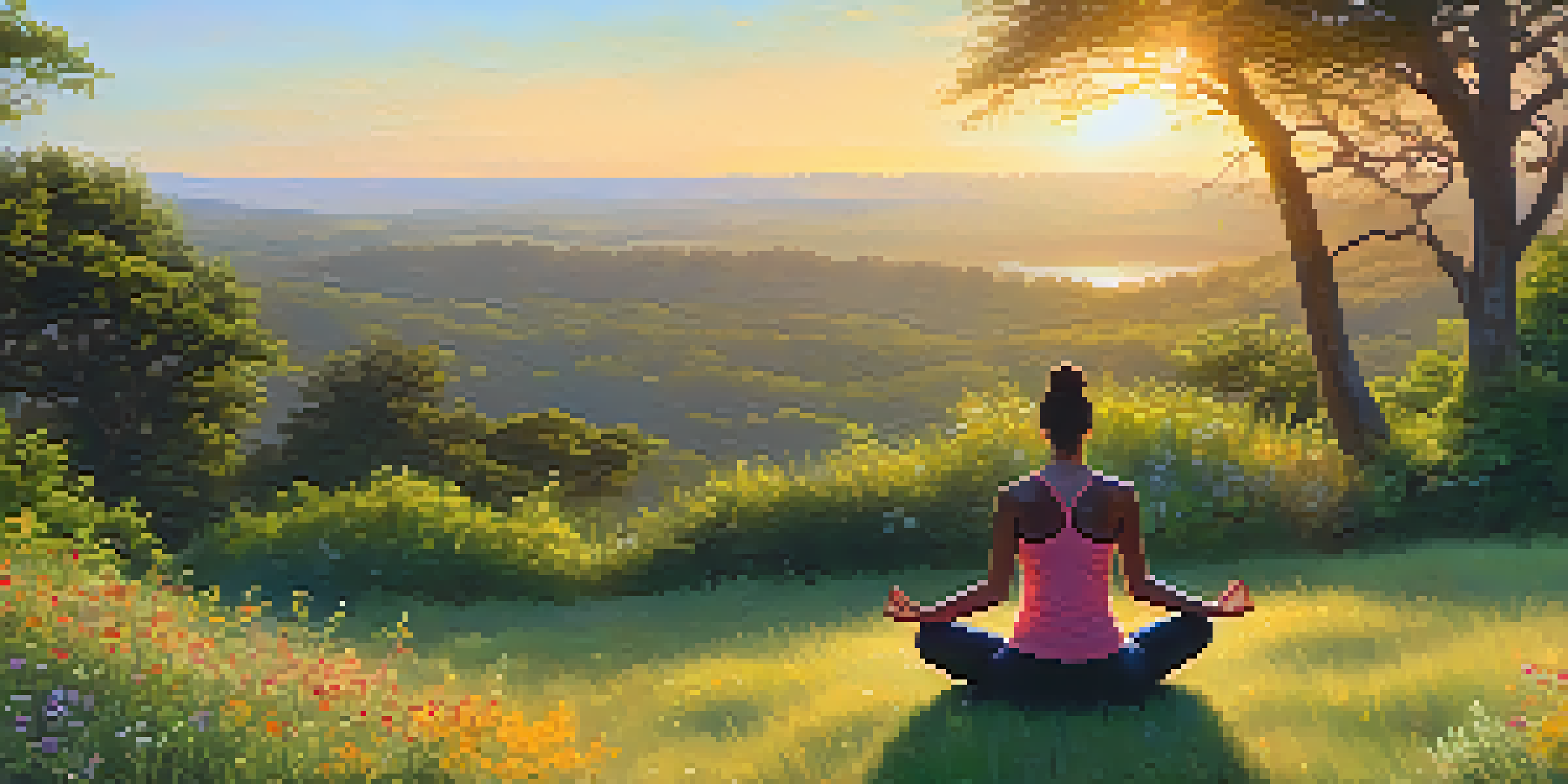 A person practicing yoga on a grassy hilltop during sunrise, surrounded by trees and wildflowers, with warm sunlight illuminating the scene.