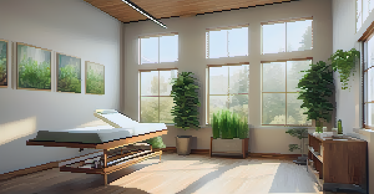 A tranquil naturopathic clinic with natural light, wooden treatment table, fresh herbs, and indoor plants, conveying a welcoming environment.